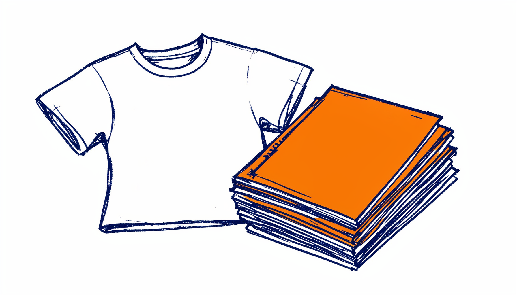 Hand-drawn ink illustration of a t-shirt and a stack of rock and roll magazines with blank covers, sketched in navy and orange ink with a collector's-shelf mood