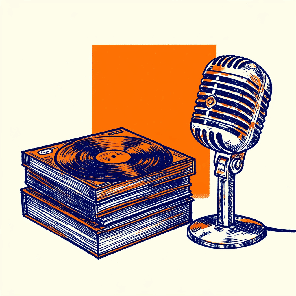 Hand-drawn ink illustration of a stack of vinyl records and CD cases beside a vintage microphone, rendered in bold navy and burnt-orange linework on a cream background, with a lively rockabilly mood