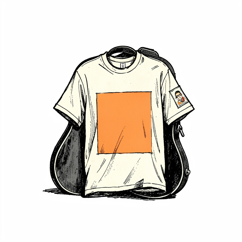 Hand-drawn ink illustration of a vintage rockabilly T-shirt draped over a guitar case, bold black ink on cream paper, with a patch stitched to the sleeve, moody and cool