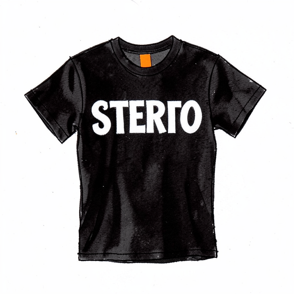 Hand-drawn ink sketch of a black T-shirt with STEREO print in bold white retro lettering, big-band jive feel, dark ink on textured paper