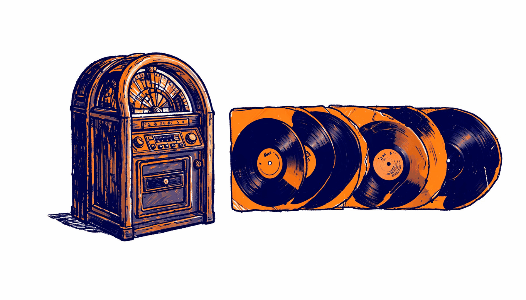 Hand-drawn ink illustration of a jukebox and a row of 7-inch record sleeves, drawn in deep navy and warm orange tones with a nostalgic, upbeat feel