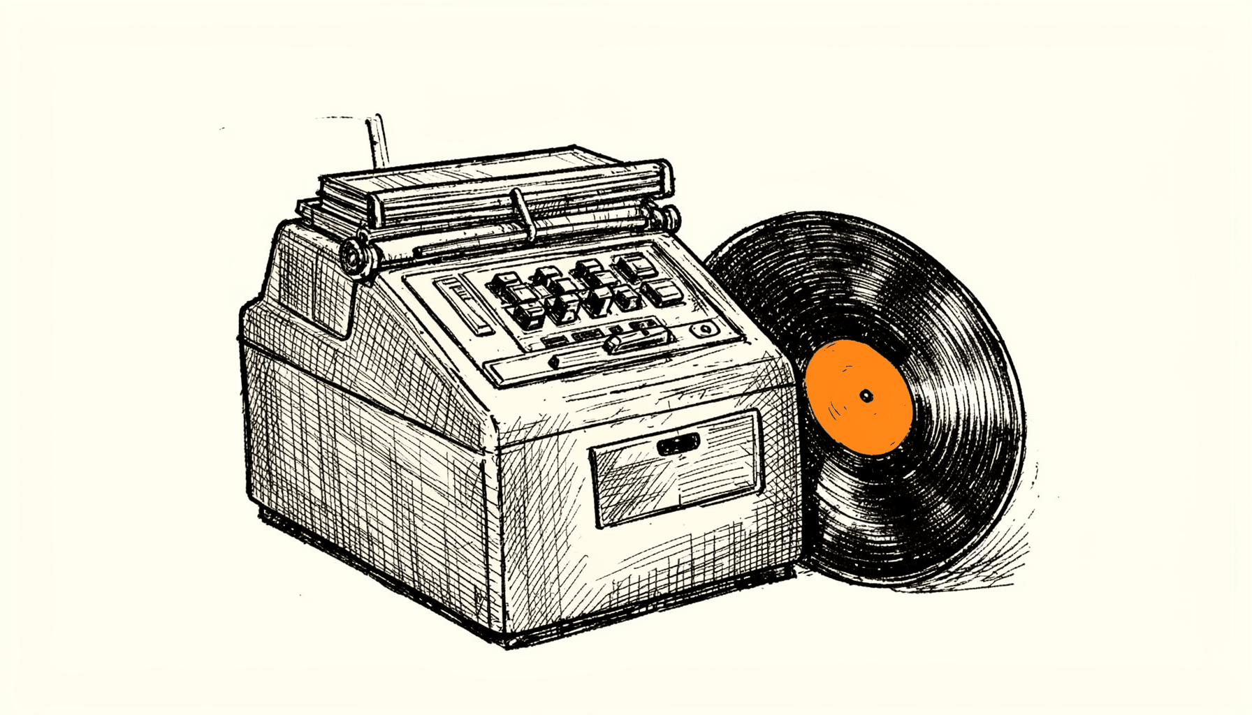 A hand-drawn ink illustration of a vintage cash register with a stack of CDs and a 7-inch record leaning against it, rendered in loose crosshatched lines on a cream background, warm and nostalgic mood.