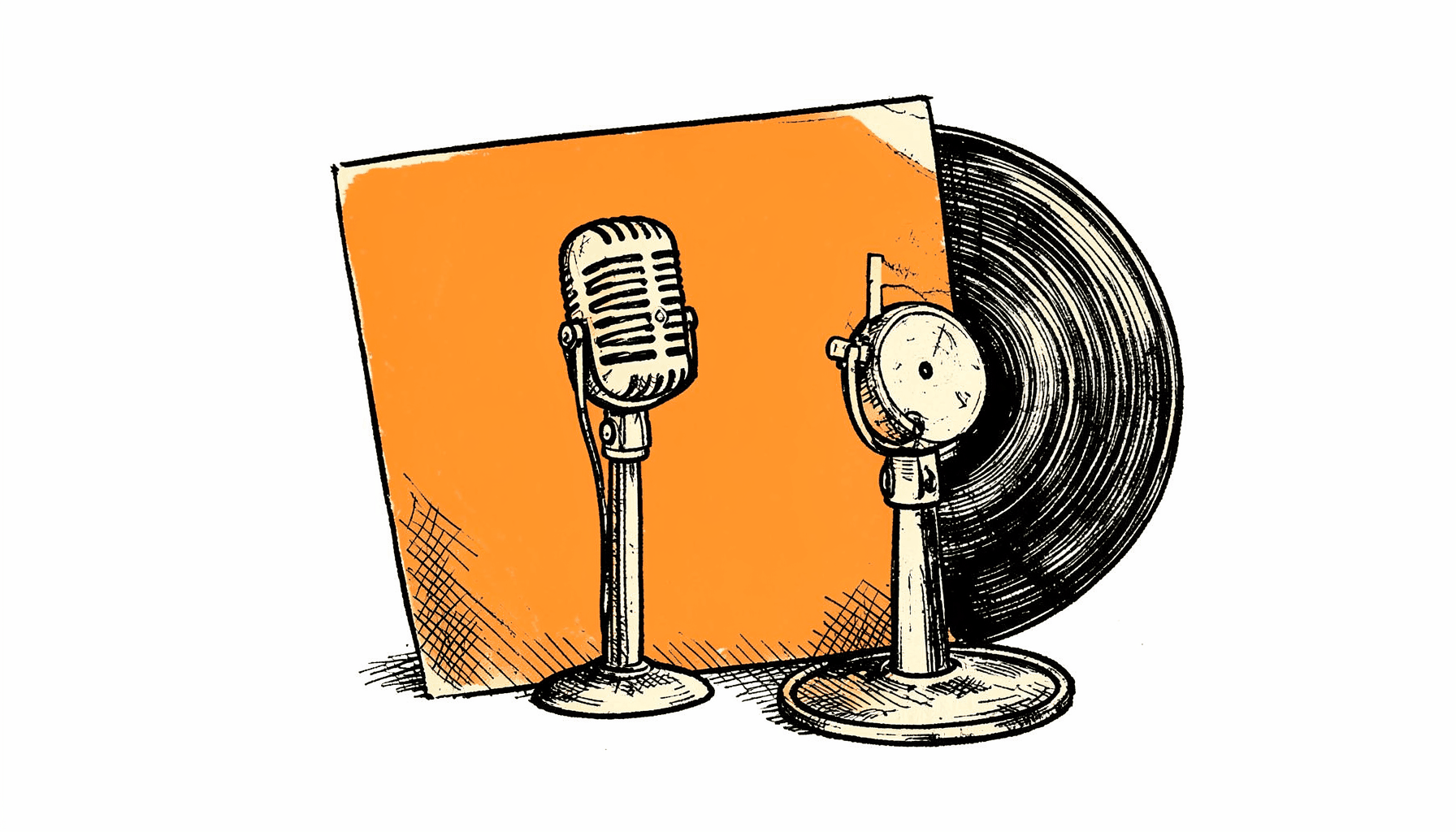 Hand-drawn ink illustration of a vintage 45 rpm record sleeve leaning against a microphone stand, bold black linework with crosshatch shading, warm cream paper background, retro rockabilly feel.