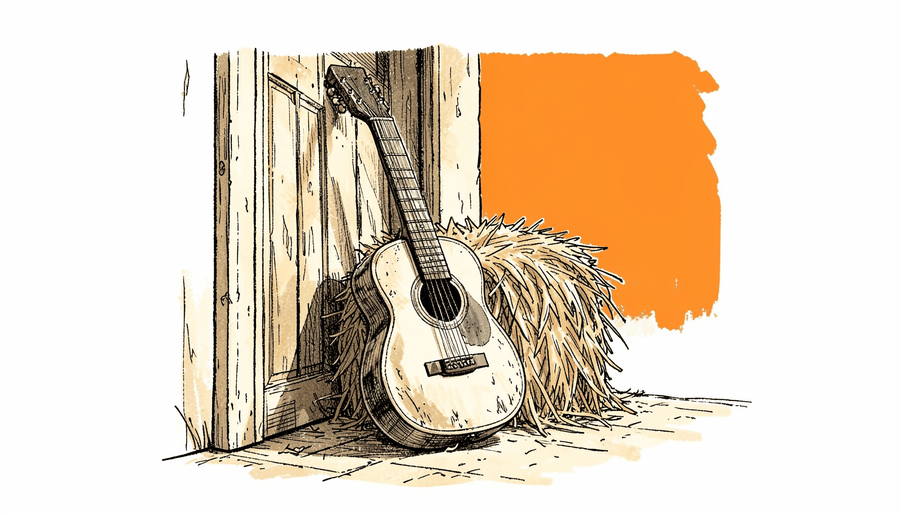 Hand-drawn ink illustration of a weathered acoustic guitar leaning against a hay bale in a sunlit barn doorway, warm sepia and cream tones, rustic and nostalgic mood