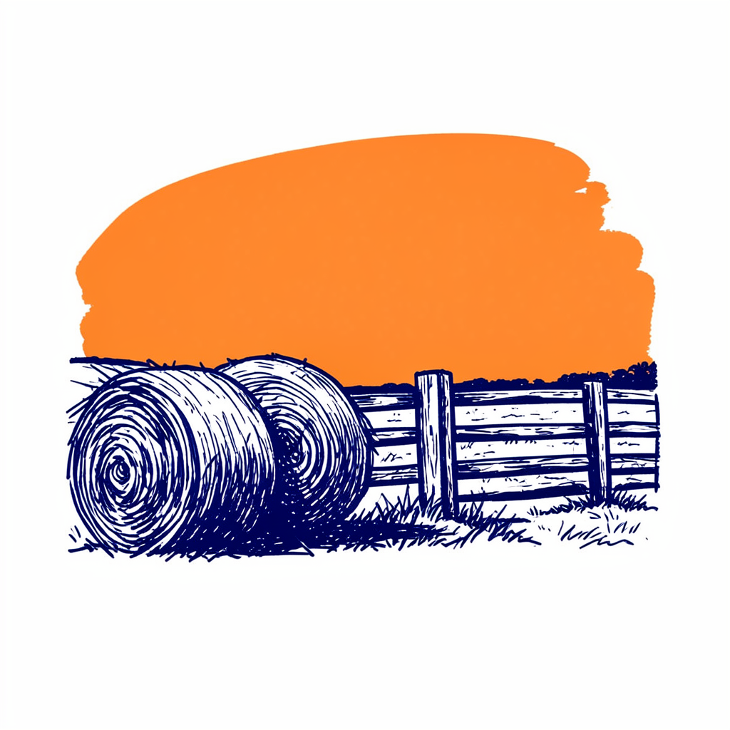 Hand-drawn ink illustration of hay bales and a barnyard fence at dusk, rendered in bold navy strokes with an orange horizon glow