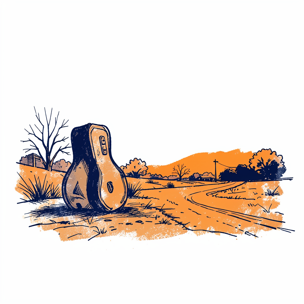 Hand-drawn ink illustration of a Texas roadside scene with a lone guitar case, drawn in navy and warm orange tones with a dusty rockabilly mood