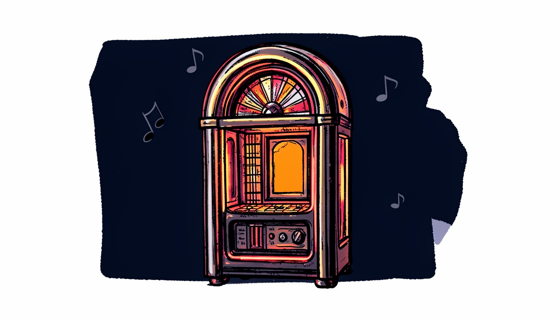 Hand-drawn ink illustration of a vintage jukebox with glowing warm amber and cherry-red neon highlights, set against a dark navy background with subtle musical note flourishes.