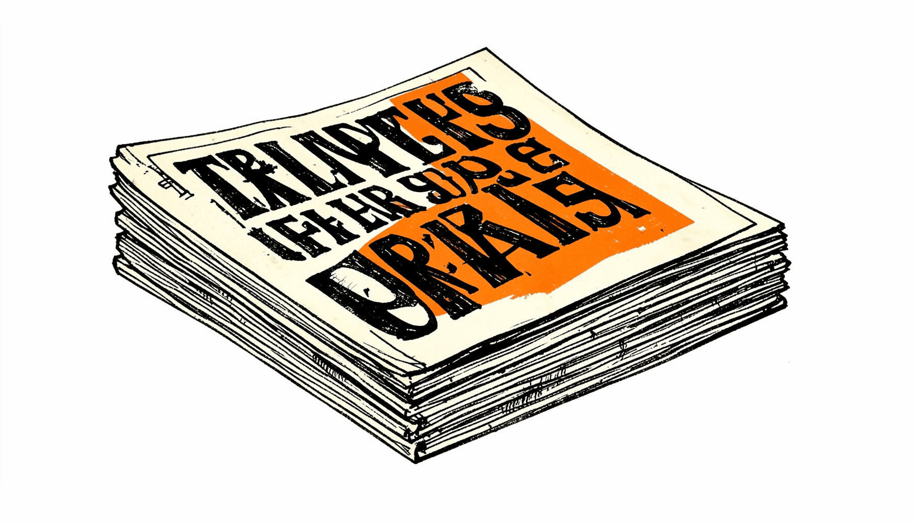 A hand-drawn ink illustration of a stack of vintage music magazines with bold retro cover typography, in black ink on cream paper with cross-hatched shading.