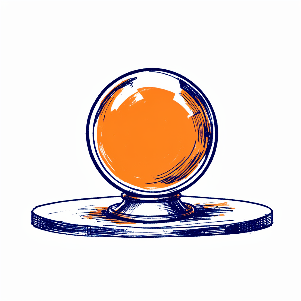 Hand-drawn ink illustration of a fortune-teller's crystal ball on a stage table, sketched in navy ink with orange highlight accents