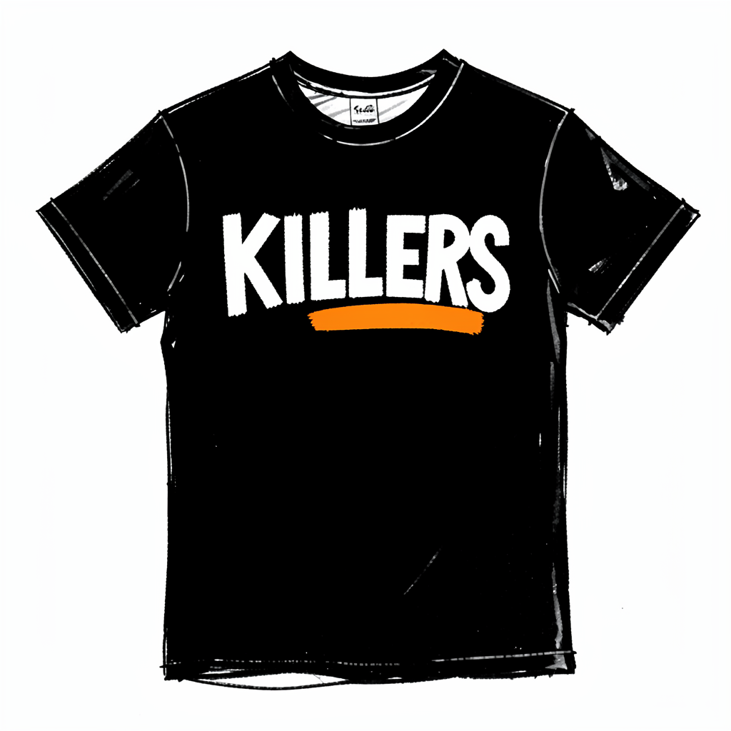 Hand-drawn ink sketch of a black T-shirt with bold white KILLERS lettering across the chest, edgy rockabilly vibe, dark ink strokes