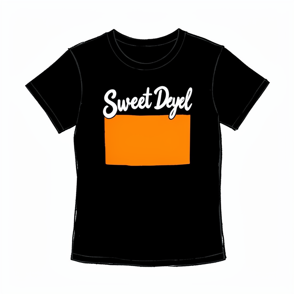 Hand-drawn ink illustration of a black band T-shirt with Sweet Devil graphic in white, feminine rockabilly style, loose ink shading