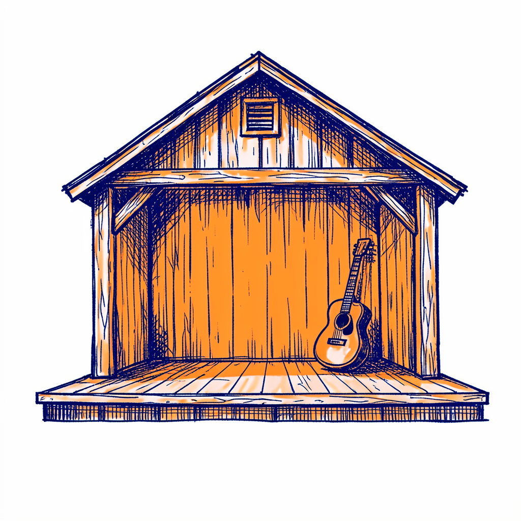 Hand-drawn ink illustration of a honky-tonk barn stage with a guitar leaning against it, drawn in navy and orange linework with a warm rustic mood