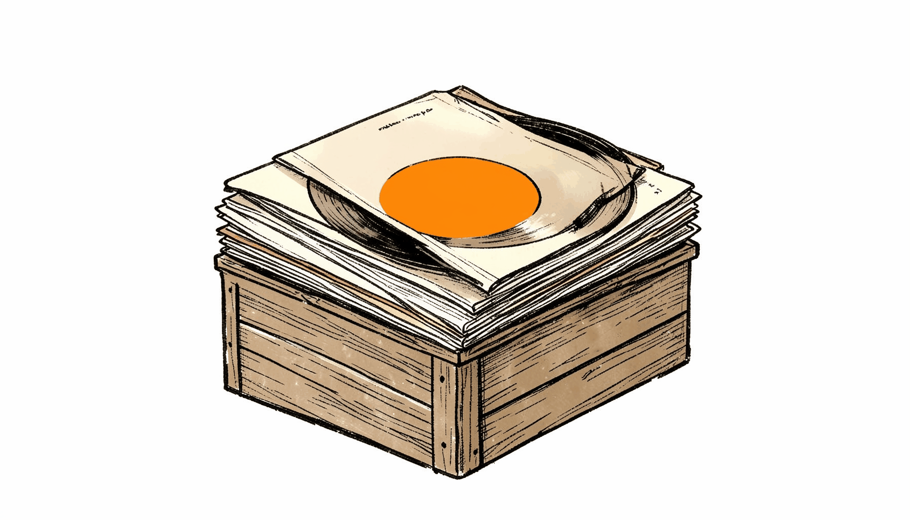 Hand-drawn ink illustration of vintage 78 rpm record sleeves stacked on a wooden crate, sepia ink with soft cream highlights, collector's-study atmosphere