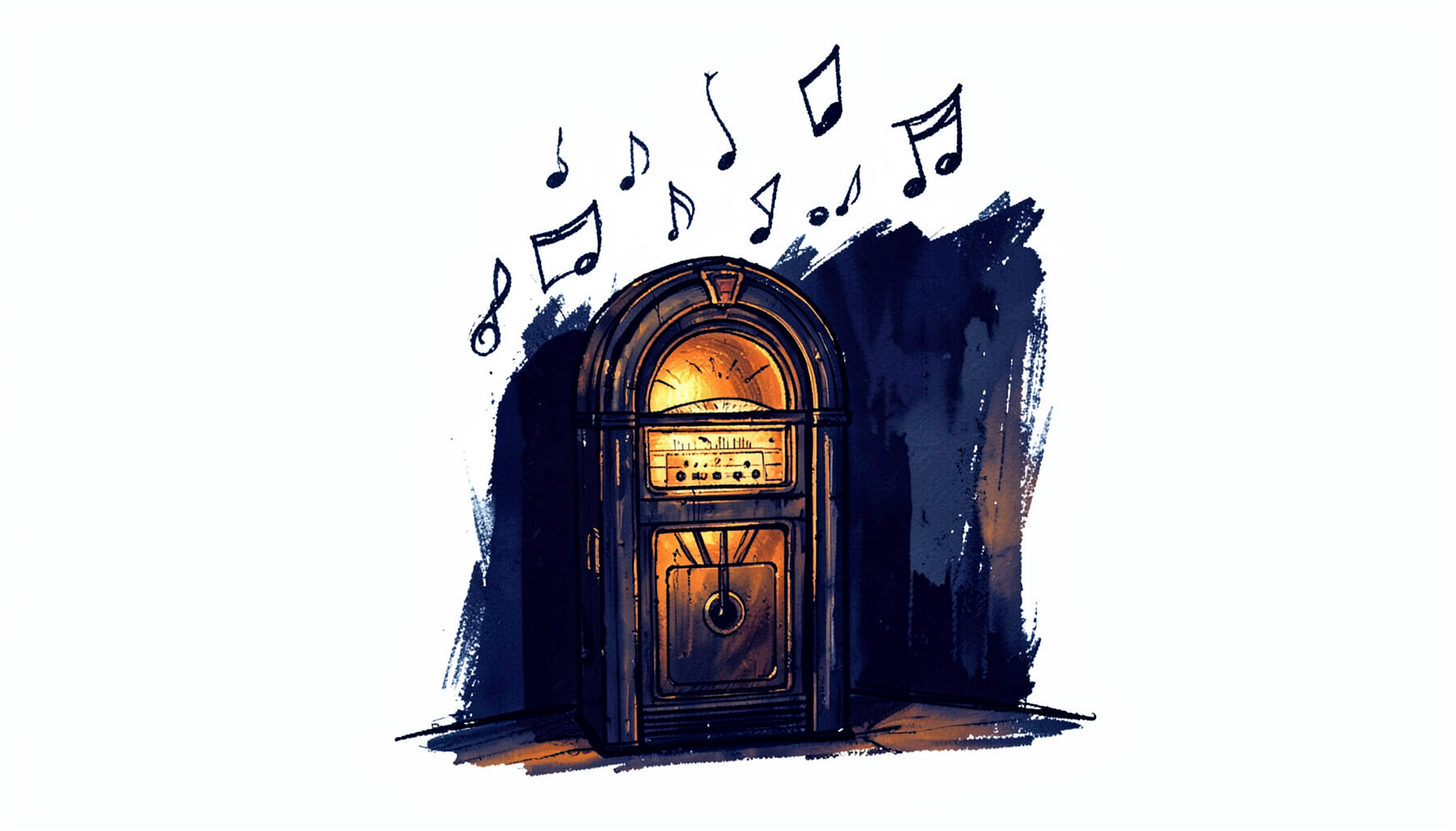 A hand-drawn ink illustration of a vintage jukebox glowing warmly in a dim room, with musical notes swirling upward in loose energetic strokes. Deep navy shadows contrast with warm amber highlights, capturing a moody retro rock-and-roll atmosphere.
