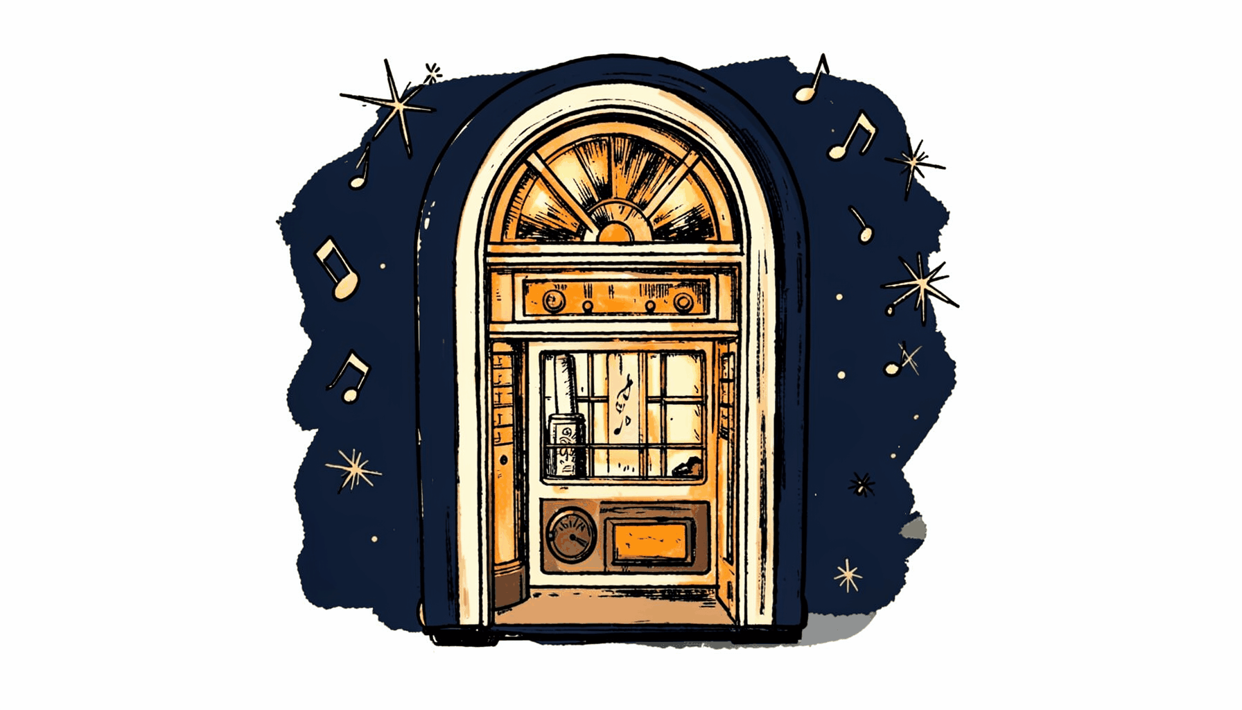 A hand-drawn ink illustration of a vintage jukebox with glowing warm amber and cream tones, set against a dark navy background with scattered musical notes and retro starburst motifs.